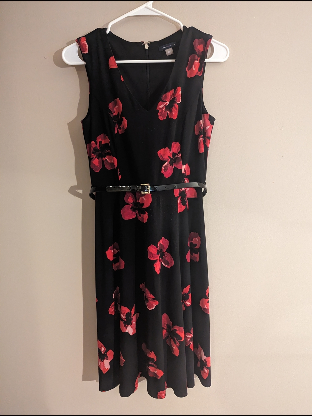 Tommy Hilfiger Black Midi Dress with Red Floral Print